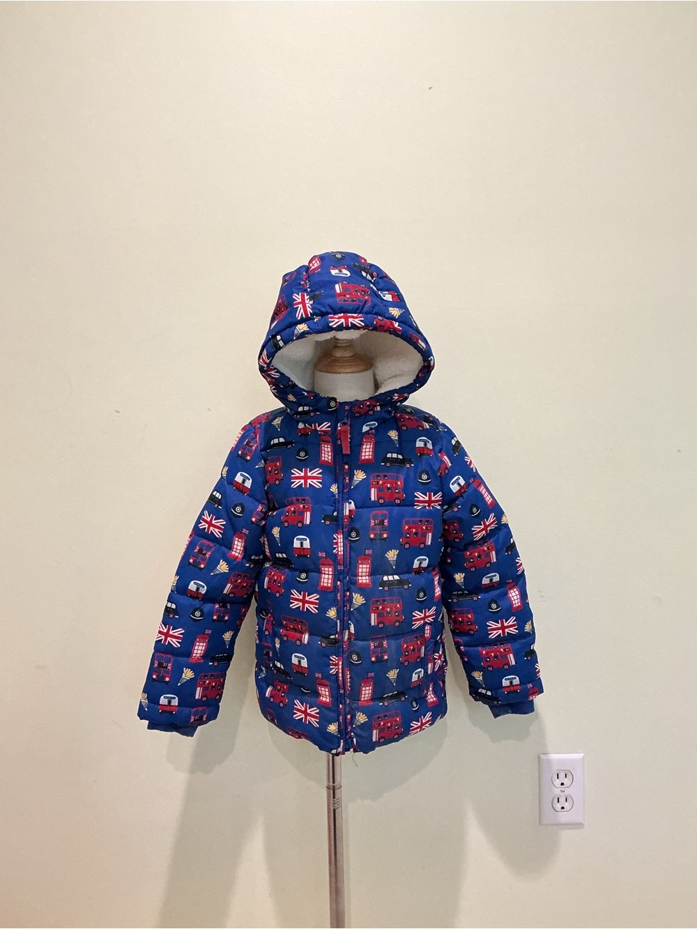 Gymboree Blue Hooded Puffer Jacket with British Motifs